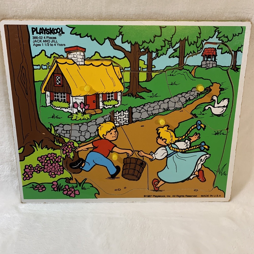 Vintage 1987 Playskool Jack & Jill #386-02 Wooden Inlaid‎ 4 Piece Puzzle tray
